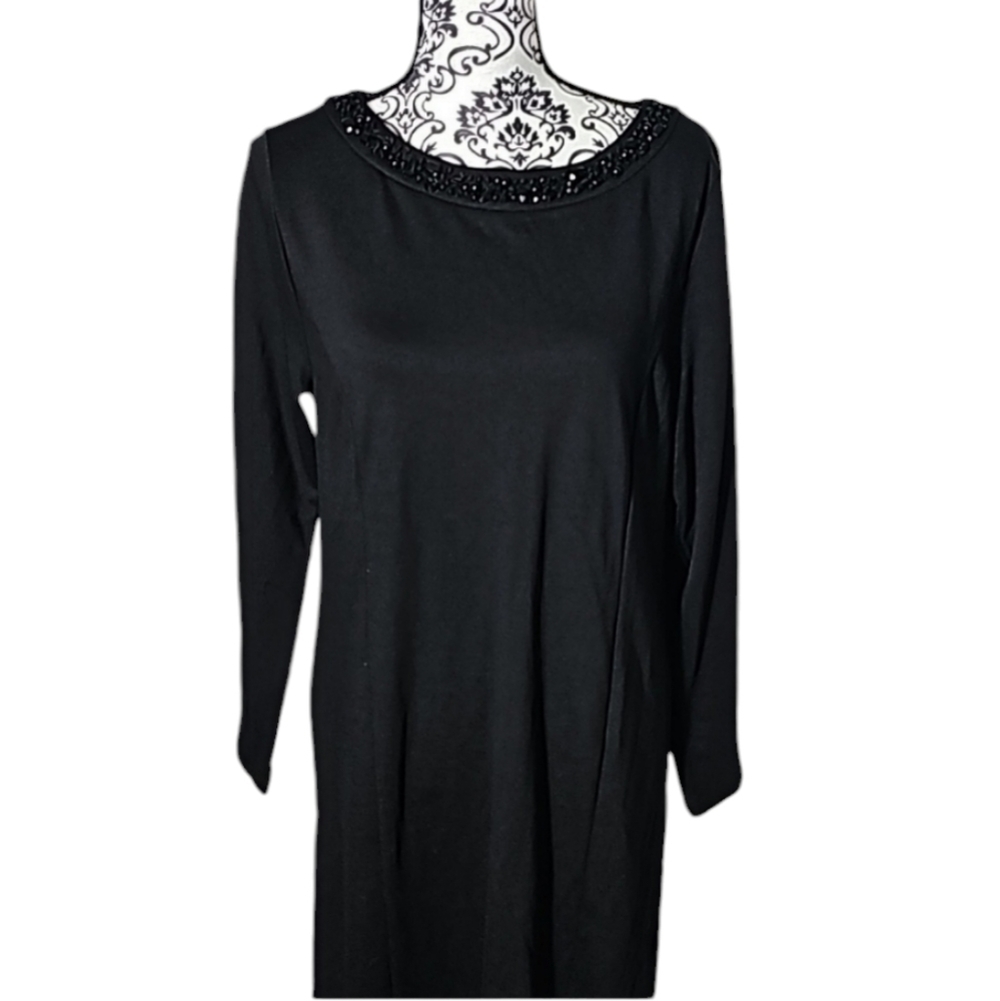 Susan Graver Artisan black midi dress with beading at beck sz med new with tags
